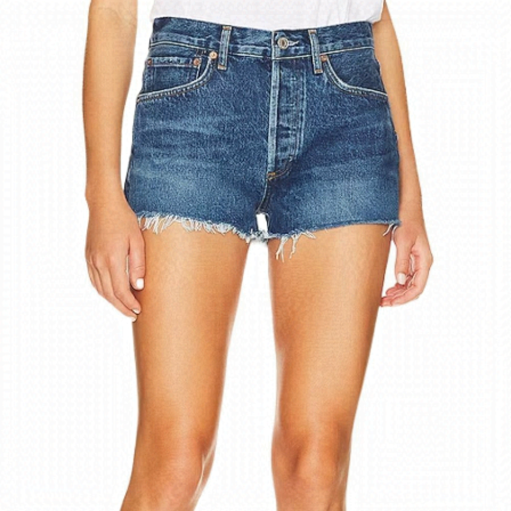 Agolde Parker Denim Shorts Caution Blue Raw Hem Mid-Rise Medium Wash  24